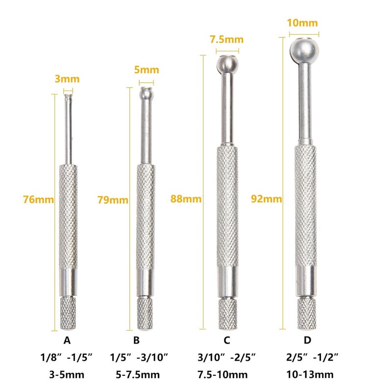 Beslands مجموعة قياس الثقوب، نطاق 1/8" إلى 1/2"، جهاز قياس بؤري تلسكوبي، نوع الكرة، قياس تلسكوبي صغير، 4 قطع كاملة، بوصة/مم، دقة عالية (1/8" إلى 1/2") - Image 3